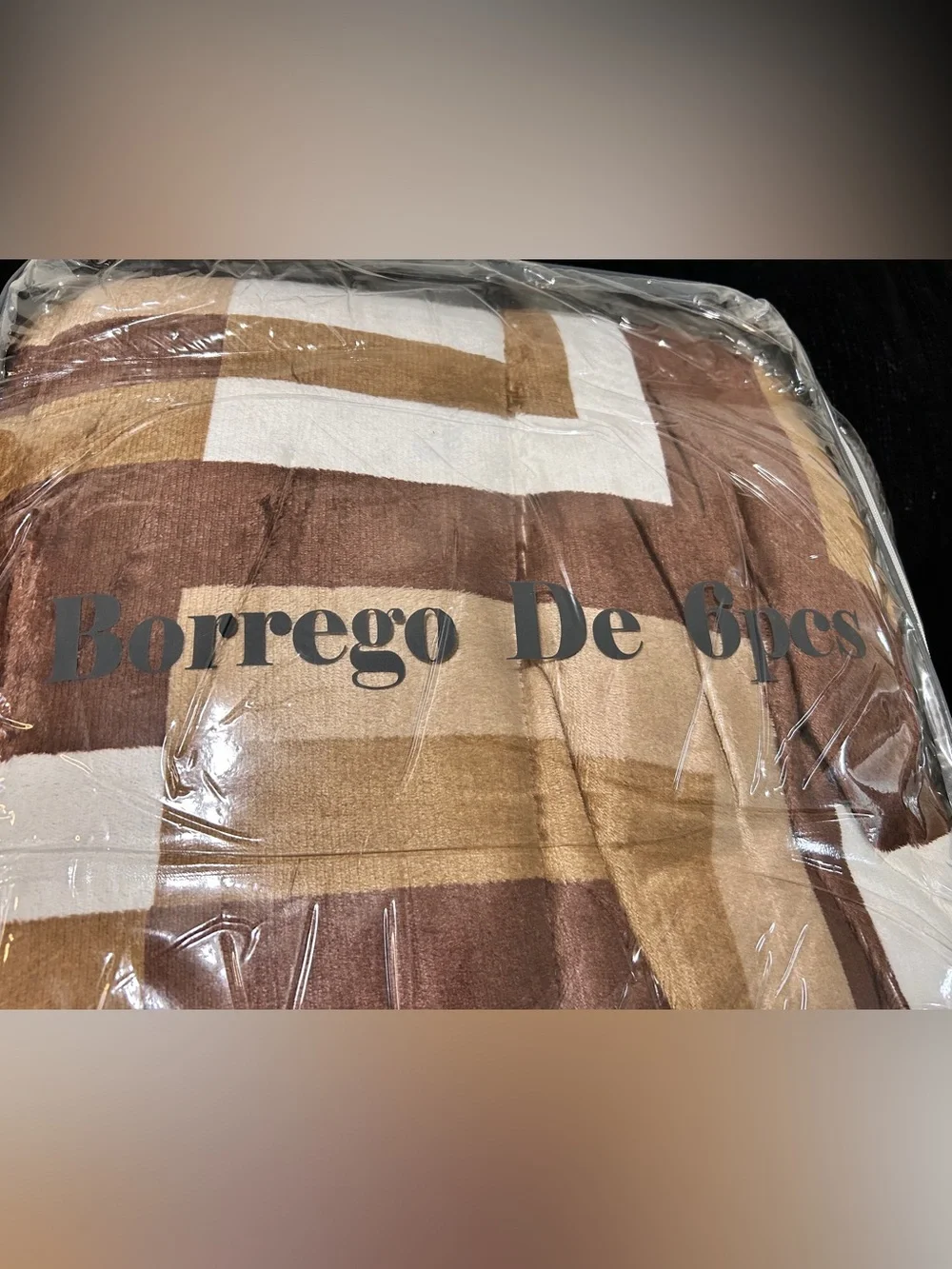 Flannel Borrego Blanket Set - Brown Plaid, 6pc